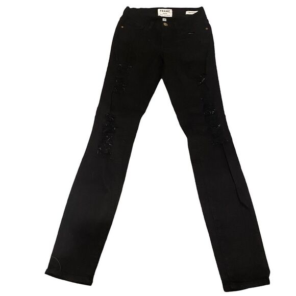 Frame Le Skinny de Jeanne Distressed Black Skinny Jeans Size 23 - Picture 2 of 6